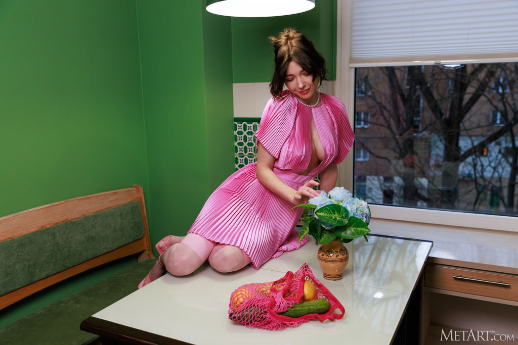 Mila Azul In A Glamorous Pink Dress With Matching Stockings And High Heels