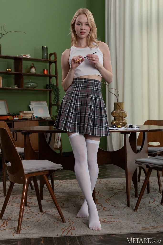 Elfiolla Lifting Her Plaid Skirt And Bending Over The Desk