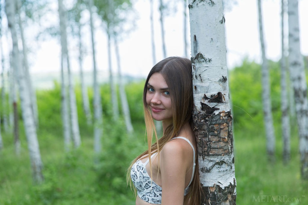 Georgia - Naked sweetie poses in the birch forest